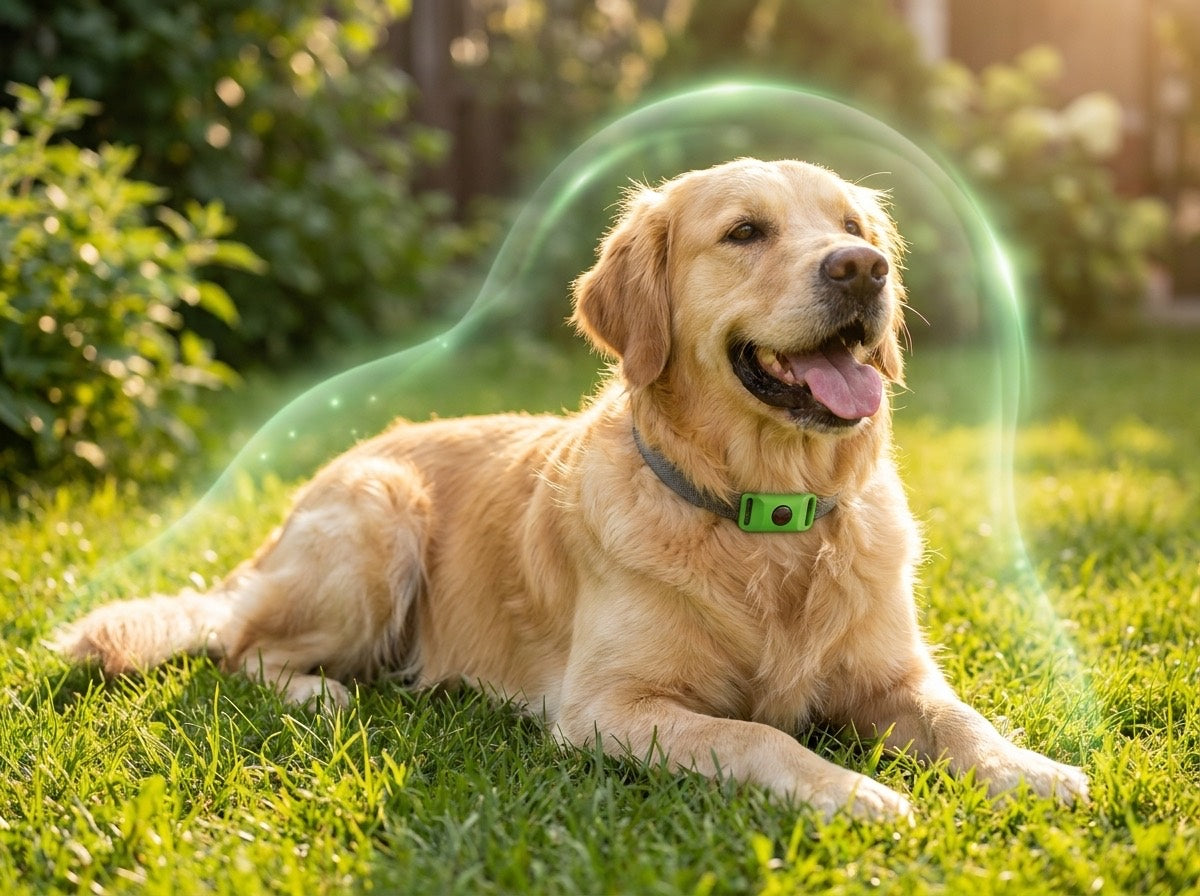 A happy dog in a sunny backyard, protected all season