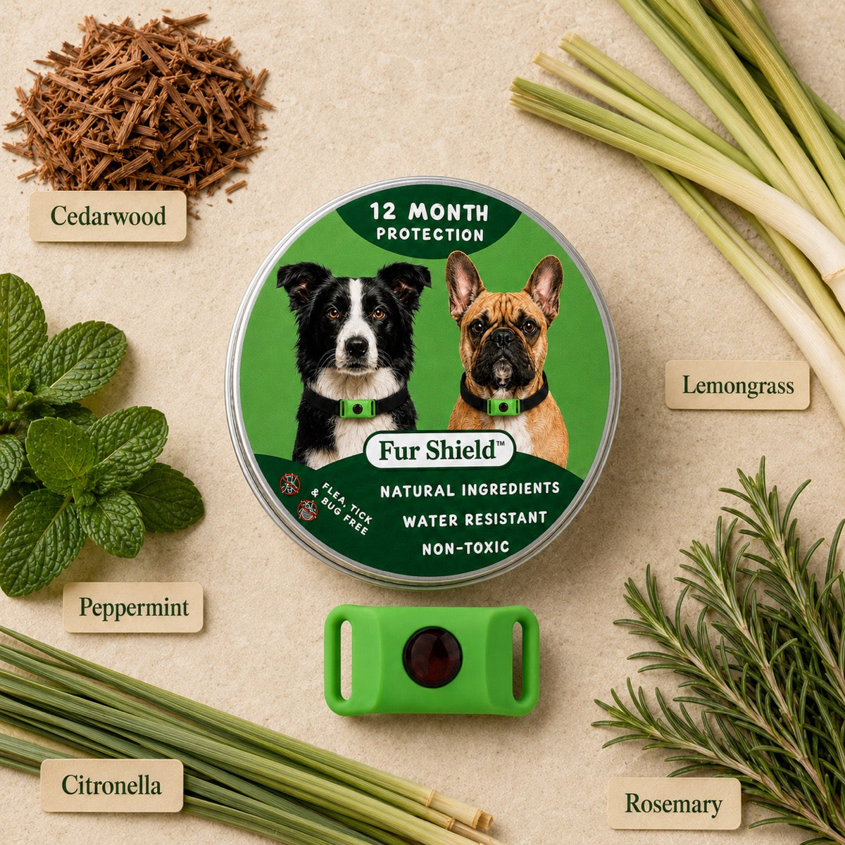 The pendant surrounded by its botanical ingredients